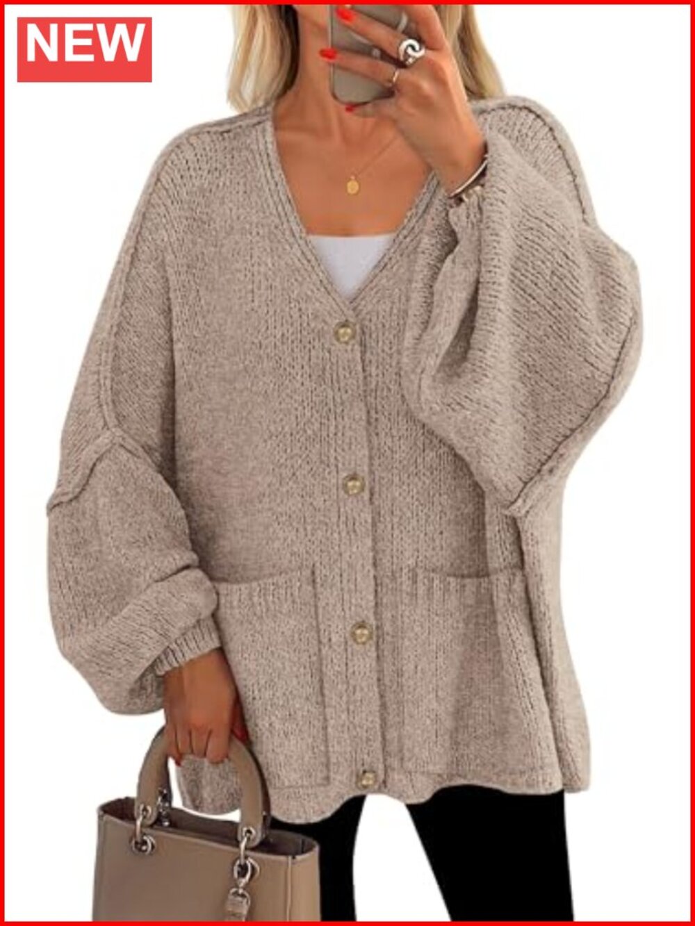 Oversized Chunky Cardigan Sweater Button Down V Neck Lantern Sleeve